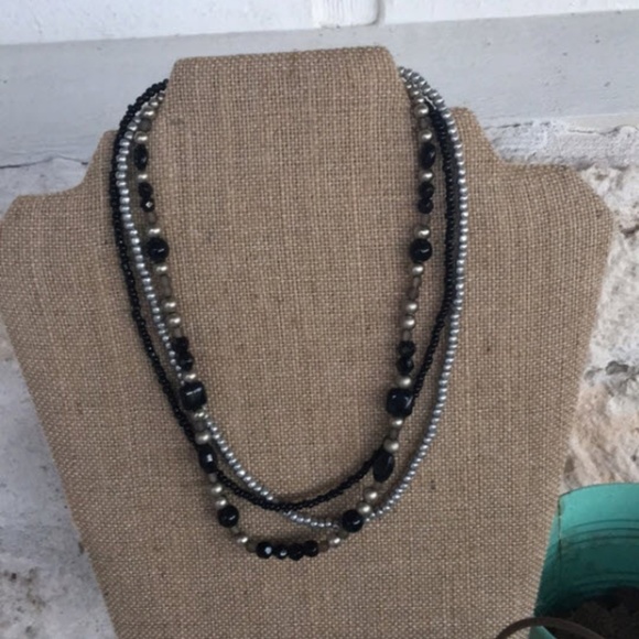 DONATED PD Silver/black bead 3 strand necklace - Picture 2 of 5